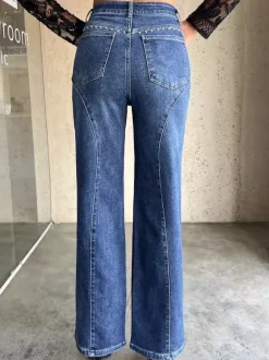 Jean droit clouté pour femme - Délavage moyen détail rivets rétro jambes larges - Mode printemps-été 2026