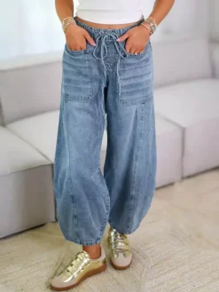 Jean Horseshoe Barrel Washed pour femme - Pantalon bouffant décontracté à taille nouée et coutures avant - Collection printemps streetwear 2026