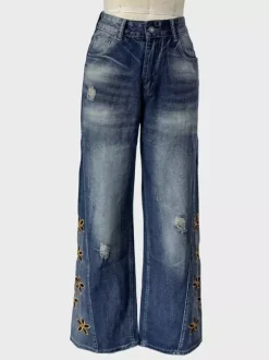 Jean large à fleurs découpées pour femme - Délavage moyen style vintage Y2K - Streetwear du festival de printemps 2026