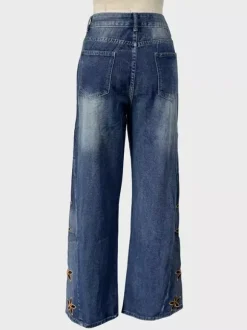 Jean large à fleurs découpées pour femme - Délavage moyen style vintage Y2K - Streetwear du festival de printemps 2026
