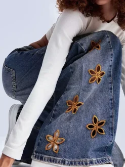 Jean large à fleurs découpées pour femme - Délavage moyen style vintage Y2K - Streetwear du festival de printemps 2026