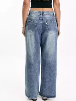 Jean large à poches en forme de c艙ur pour femme - Jean bleu délavé style années 2000 - Pantalon baggy droit - Streetwear printanier tendance 2026