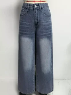 Jean large à poches en forme de c艙ur pour femme - Jean bleu délavé style années 2000 - Pantalon baggy droit - Streetwear printanier tendance 2026