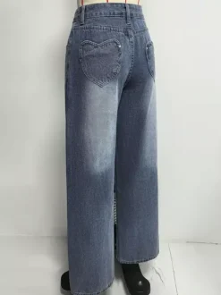 Jean large à poches en forme de c艙ur pour femme - Jean bleu délavé style années 2000 - Pantalon baggy droit - Streetwear printanier tendance 2026