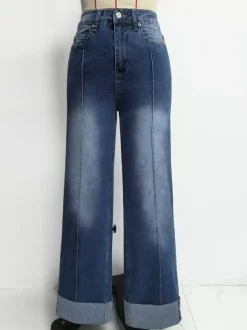 Jean large à revers pour femme - Denim droit bleu style western bohème taille haute coutures sur le devant - Collection printemps 2026