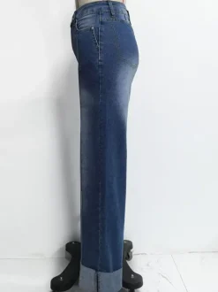 Jean large à revers pour femme - Denim droit bleu style western bohème taille haute coutures sur le devant - Collection printemps 2026