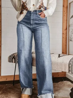 Jean large à revers pour femme - Denim droit bleu style western bohème taille haute coutures sur le devant - Collection printemps 2026