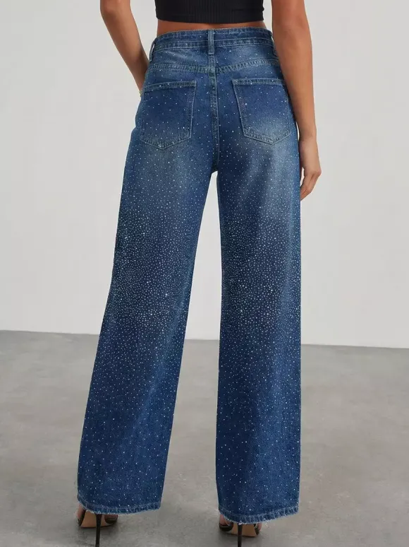 Jean large à strass pour femme - Bleu délavé coupe droite pailletée avec ceinture style années 2000 - Idéal pour une soirée printanière (2026)