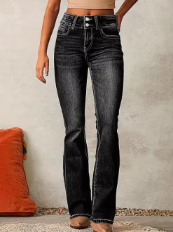 Jean évasé à double boutonnage pour femme - Pantalon en denim coupe slim - Style streetwear décontracté printemps 2026