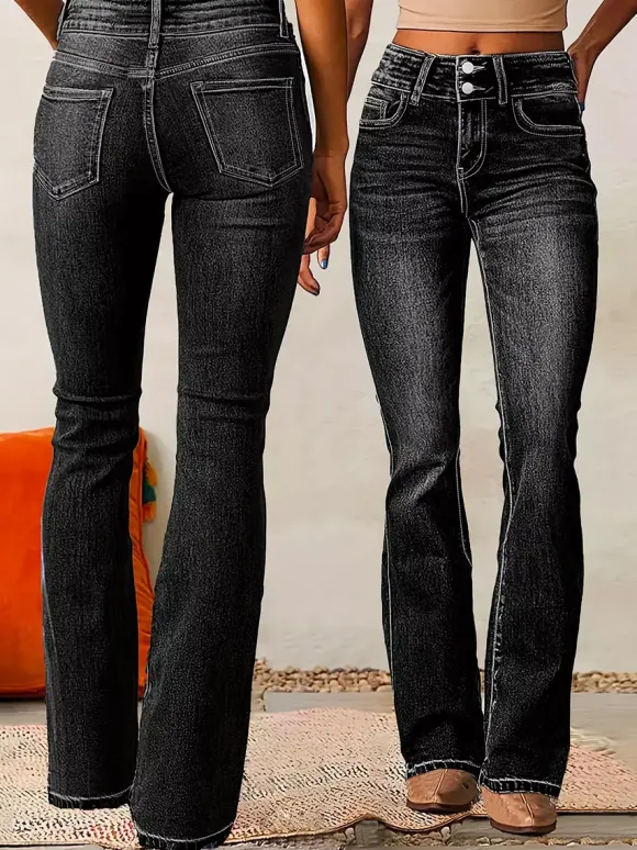 Jean évasé à double boutonnage pour femme - Pantalon en denim coupe slim - Style streetwear décontracté printemps 2026
