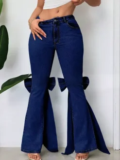 Jean évasé à n艙ud papillon pour femme - Bas en denim bleu tendance à jambes larges - Streetwear printemps 2026