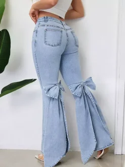 Jean évasé à n艙ud papillon pour femme - Bas en denim bleu tendance à jambes larges - Streetwear printemps 2026