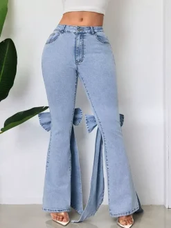 Jean évasé à n艙ud papillon pour femme - Bas en denim bleu tendance à jambes larges - Streetwear printemps 2026