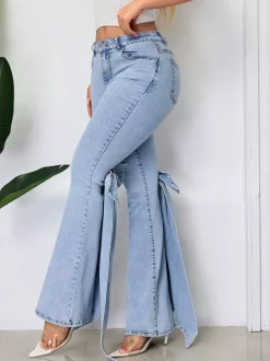 Jean évasé à n艙ud papillon pour femme - Bas en denim bleu tendance à jambes larges - Streetwear printemps 2026