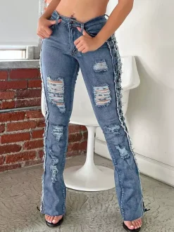 Jean évasé déchiré à lacets latéraux pour femme - Délavage moyen - Coupe bootcut sexy ajourée - Collection streetwear printemps 2026