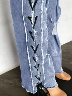 Jean évasé déchiré à lacets latéraux pour femme - Délavage moyen - Coupe bootcut sexy ajourée - Collection streetwear printemps 2026