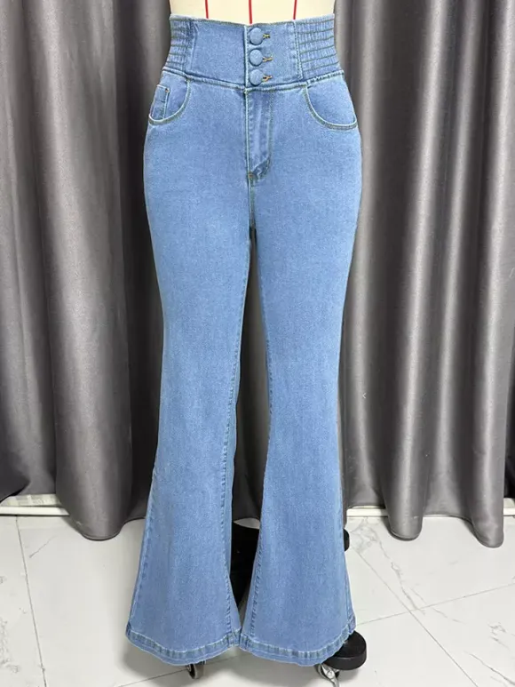 Jean évasé taille haute à smocks pour femme - Pantalon en denim délavé coupe slim en coton élastique - Tenues de printemps pour un rendez-vous galant 2026