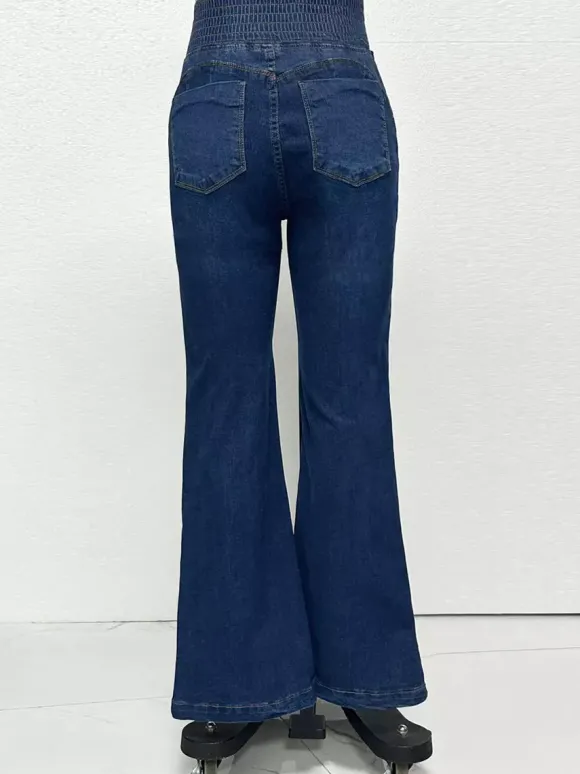 Jean évasé taille haute à smocks pour femme - Pantalon en denim délavé coupe slim en coton élastique - Tenues de printemps pour un rendez-vous galant 2026