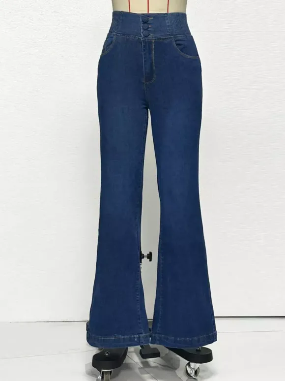 Jean évasé taille haute à smocks pour femme - Pantalon en denim délavé coupe slim en coton élastique - Tenues de printemps pour un rendez-vous galant 2026