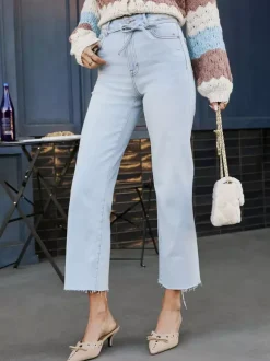 Jean bleu clair pour femme - Coupe droite décontractée à nouer à la taille - Ourlet brut - Idéal pour le printemps et les activités de plein air au quotidien 2026