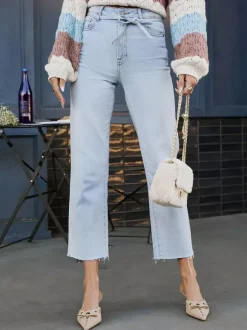 Jean bleu clair pour femme - Coupe droite décontractée à nouer à la taille - Ourlet brut - Idéal pour le printemps et les activités de plein air au quotidien 2026