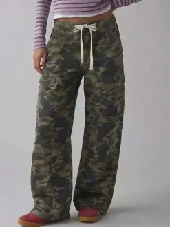 Jean cargo ample pour femme - Pantalon large délavé style rétro Y2K taille basse avec cordon de serrage - Collection printemps streetwear 2026
