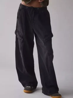 Jean cargo ample pour femme - Pantalon large délavé style rétro Y2K taille basse avec cordon de serrage - Collection printemps streetwear 2026