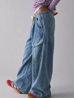Jean cargo ample pour femme - Pantalon large délavé style rétro Y2K taille basse avec cordon de serrage - Collection printemps streetwear 2026