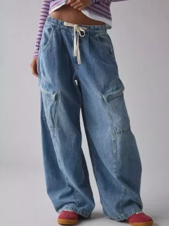 Jean cargo ample pour femme - Pantalon large délavé style rétro Y2K taille basse avec cordon de serrage - Collection printemps streetwear 2026