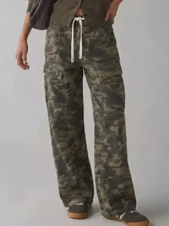 Jean cargo ample pour femme - Pantalon large délavé style rétro Y2K taille basse avec cordon de serrage - Collection printemps streetwear 2026