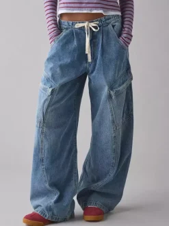 Jean cargo ample pour femme - Pantalon large délavé style rétro Y2K taille basse avec cordon de serrage - Collection printemps streetwear 2026