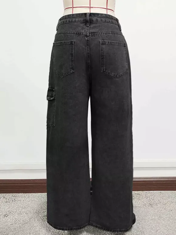 Jean cargo à jambes larges pour femme - Pantalon en denim délavé ample à bretelles et n艙ud papillon style rétro Y2K - Streetwear pour festivals de musique du printemps 2026