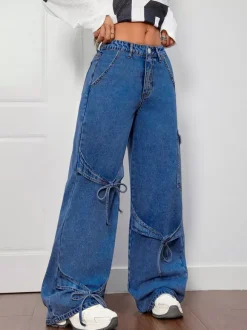 Jean cargo à jambes larges pour femme - Pantalon en denim délavé ample à bretelles et n艙ud papillon style rétro Y2K - Streetwear pour festivals de musique du printemps 2026