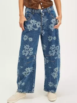 Jean fleuri à jambes larges pour femme - Pantalon en denim bohème à coupe en fer à cheval - Festival de musique de printemps 2026
