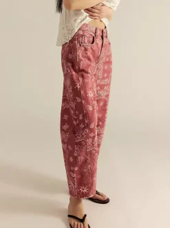 Jean à imprimé cachemire pour femme - Pantalon en denim rose bohème à jambes larges et coupe en fer à cheval - Festival de musique de printemps 2026