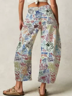 Jean à imprimé graffiti pour femme - Pantalon en denim large coupe en fer à cheval style bohème - Tenue de pique-nique printanière 2026