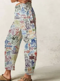 Jean à imprimé graffiti pour femme - Pantalon en denim large coupe en fer à cheval style bohème - Tenue de pique-nique printanière 2026