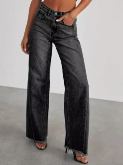 Jean large à coutures apparentes pour femme - Denim délavé à ourlet brut rétro - Collection streetwear décontractée printemps 2026