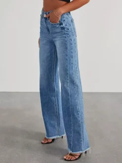 Jean large à coutures apparentes pour femme - Denim délavé à ourlet brut rétro - Collection streetwear décontractée printemps 2026
