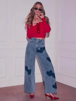 Jean large à motif c艙ur pour femme - Bleu moyen style bohème chic coupe droite - Tenue streetwear printanière 2026