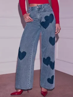 Jean large à motif c艙ur pour femme - Bleu moyen style bohème chic coupe droite - Tenue streetwear printanière 2026