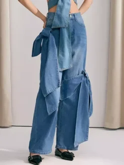 Jean large à n艙ud papillon pour femme - Bleu moyen style Y2K taille haute coupe baggy - Collection streetwear printemps 2026