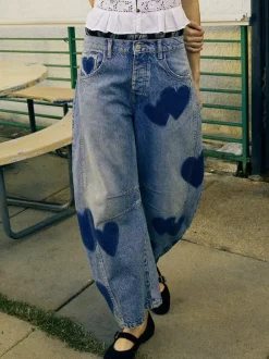 Jean à motif c艙ur pour femme - Pantalon en denim bleu clair style fer à cheval - Festival de musique de printemps 2026