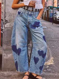 Jean à motif c艙ur pour femme - Pantalon en denim bleu clair style fer à cheval - Festival de musique de printemps 2026