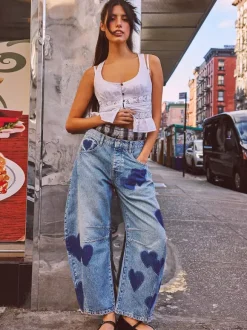 Jean à motif c艙ur pour femme - Pantalon en denim bleu clair style fer à cheval - Festival de musique de printemps 2026