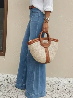 Jean palazzo à jambes larges pour femme - Denim bleu clair rétro taille haute minimaliste évasé - Tenues de vacances d'été 2026