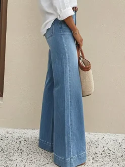 Jean palazzo à jambes larges pour femme - Denim bleu clair rétro taille haute minimaliste évasé - Tenues de vacances d'été 2026