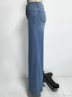 Jean palazzo à jambes larges pour femme - Denim bleu clair rétro taille haute minimaliste évasé - Tenues de vacances d'été 2026