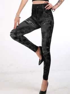 Jean Pantalons Déchirés Long Coupe Cintrée avec Poches Bicolores Pantalons Sexy