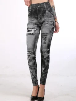 Jean Pantalons Déchirés Long Coupe Cintrée avec Poches Bicolores Pantalons Sexy